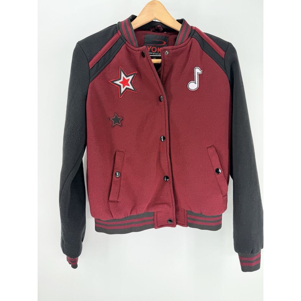 Yoki Women's Varsity Jacket‎ Maroon Black M with Patches & Striped Ribbing
